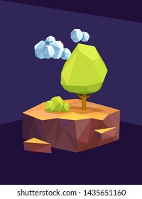 Low poly floating island with tree on purple background. 3d polygonal landscape with plants, clouds and bushes on dark blue background. Drifting desert island at night, rock stone vector illustration
