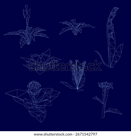 Low poly flowers with vibrant blue petals and green leaves arranged symmetrically on a dark navy background. The wireframe design highlights unique shapes and textures for each flower.