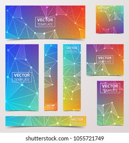 Low Poly Flyer, Banner, Brochure with Geometric Lines and Circles on colored Background. Vector low-poly illustration of triangles.