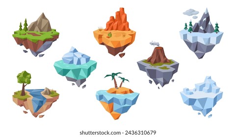 Isla voladora de bajo poli. Formas terrestres flotantes con diversos ambientes naturales. Conjunto de ilustración vectorial aislado de mundos de videojuegos. Palmeras, volcán, desierto, río y montañas miniaturas