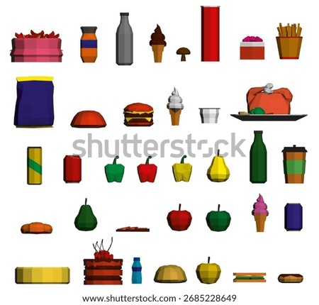 Low poly foods pack with polygonal bottles and food items on a white background. This minimalist icon set features geometric shapes and clean vector design.