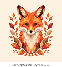 Low Poly Fox with Autumn Leaves – Geometric Polygon Wildlife Illustration Vector Art