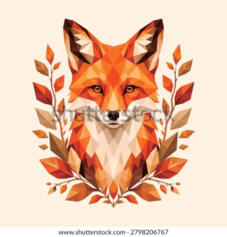 Low Poly Fox with Autumn Leaves – Geometric Polygon Wildlife Illustration Vector Art