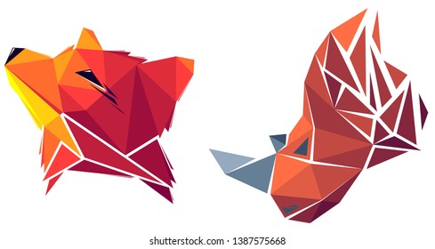 Low poly fox and rhinoceros. Geometric logo