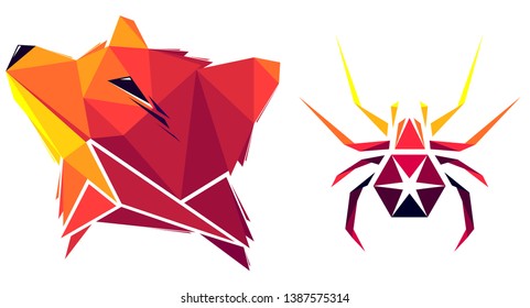 Low poly fox and spider. Geometric logo