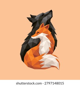 Low Poly Fox and Wolf Yin Yang Illustration – Geometric Polygon Predator Wildlife Design