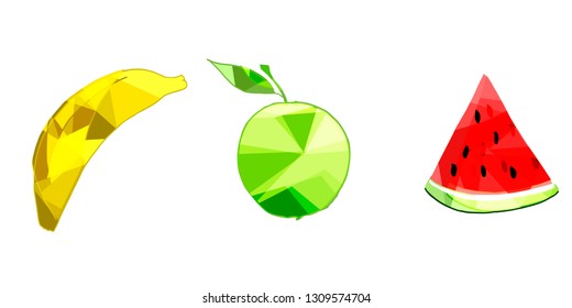 Low poly fruit art +watermelon  apple banana elements 