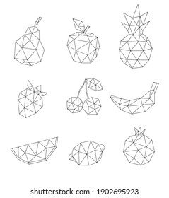 Low poly fruit set isolated on white. Decorative  geometric triangle apple, cherry, pear and other. Icon collection for tattoo design. Vector stock illustration.