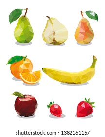 Low poly fruits an apple, pear, orange, banana, strawberry on white background
