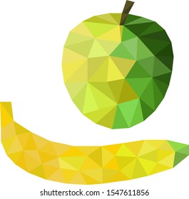 Low poly fruits in yellow and green colors, banana and apple