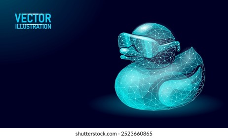 Low poly funny duck in sunglasses. Rubber bath duck toy character cool decoration. Polygonal vector illustration