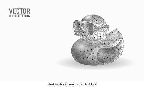 Low poly funny duck in sunglasses. Rubber bath duck toy character cool decoration. Polygonal vector illustration
