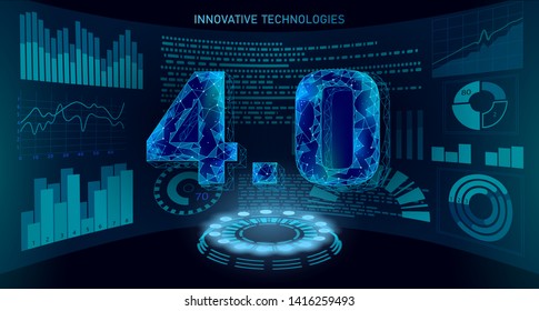 Low poly future industrial revolution concept. Industry 4.0 number assembled hud display. Online technology industry management. 3D polygonal innovation system vector illustration