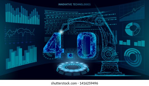 Low poly future industrial revolution concept. Industry 4.0 number assembled by robotic arm. Online technology industry management. 3D polygonal innovation system vector illustration