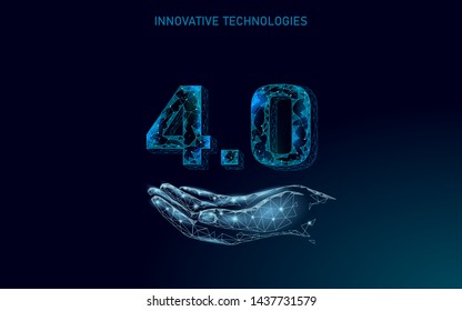 Low poly future industrial revolution concept. Industry 4.0 AI artificial cyber autonomous process. Online technology industry management. 3D polygonal innovation system vector illustration