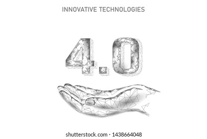 Low poly future industrial revolution concept. Industry 4.0 AI artificial cyber autonomous process. Online technology industry management. 3D polygonal innovation system vector illustration