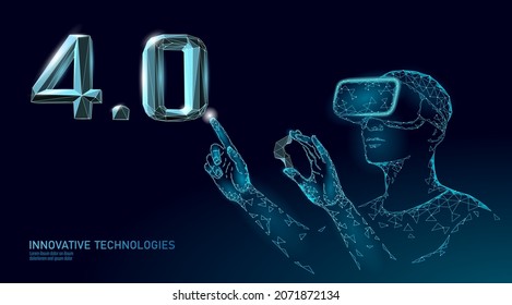 Low poly future industrial revolution concept. Industry 4.0 number assembled VR helmet glasses. Online augmented reality industry management. 3D polygonal innovation system vector illustration
