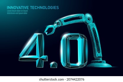 Low poly future industrial revolution concept. Industry 4.0 AI artificial cyber autonomous process. Online technology industry management. 3D polygonal innovation system vector illustration