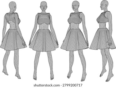 Low poly game asset pack showcasing realistic mannequin statues wearing designer formal dresses for rendering a mall fashion shop window