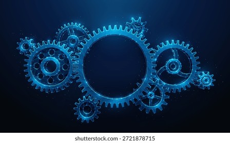 Engranajes de polietileno bajo - composición Abstractas sobre fondo azul. Un grupo de ruedas dentadas hechas de malla de alambre. Ilustración vectorial que representa la colaboración sinérgica y el concepto de trabajo en equipo industrial.