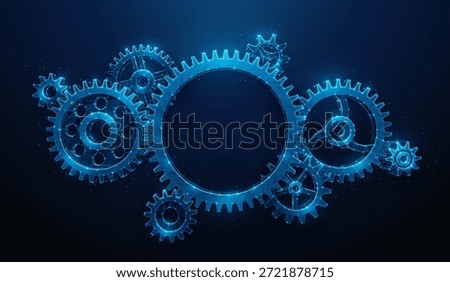 Low Poly Gears - Abstract Composition on Blue Background. A Group of Cog Wheels Made of Wireframe Mesh. Vector illustration depicting synergy partnership and industrial teamwork concept.