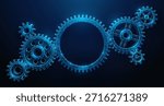 Low Poly Gears Composition on Blue Background With Copy Space. A Group of Cog Wheels Made of Wireframe Mesh. Abstract vector illustration depicting synergy partnership and industrial teamwork concept.