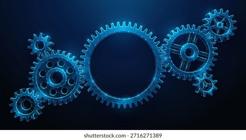 Composición de engranajes de polietileno bajo sobre fondo azul con Espacio para texto. Un grupo de ruedas dentadas hechas de malla de alambre. Ilustración vectorial Abstractas que representa la colaboración sinérgica y el concepto de trabajo en equipo industrial.