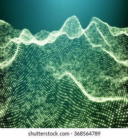 Paisagem De Montanha 3D Geométrica De Baixa Poli. Terreno Montanhoso. Grade do Ciberespaço. 3D Wireframe Terrain. Montanha Design. Plano de Fundo Abstrato com Grade Pontilhada. Uma grade brilhante. Vetor de tecnologia 3D.