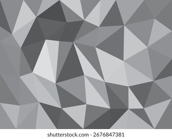 Low poly geometric background in monochrome tones with triangular facets. Black, gray, and white abstract pattern perfect for modern digital design and clean graphic layouts.