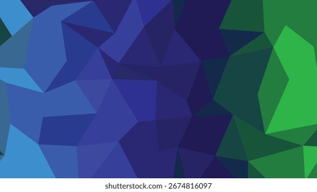 A low poly geometric background with a striking transition from deep blue to vibrant green polygons.