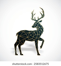 Low poly geometric deer standing against a white backdrop, stylized with gold and black hues