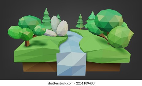 Low Poly Geometric Forest, Tree, River, and Rock Low Polygonal Style, Suitable for Banner, Poster, Flyer, Cover, Brochure. Vector Illustration