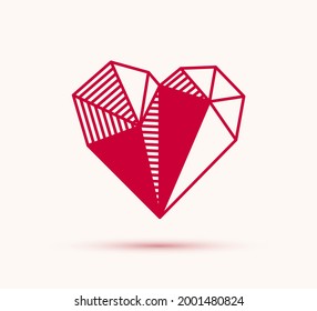 Low poly geometric heart vector icon or logo, graphic design 3d love theme element, polygonal dimensional heart.