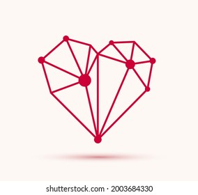 Low poly geometric heart vector icon or logo, graphic design 3d love theme element, polygonal dimensional heart.