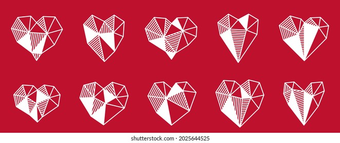 Low poly geometric hearts vector icons or logos set, graphic design 3d love theme elements, polygonal dimensional hearts.