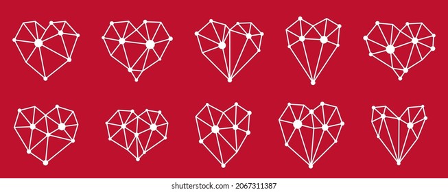 Low poly geometric hearts vector icons or logos set, graphic design 3d love theme elements, polygonal dimensional hearts.