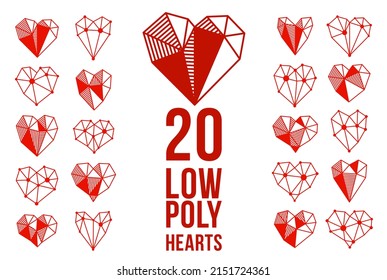 Low poly geometric hearts vector icons or logos set, graphic design 3d love theme elements, polygonal dimensional hearts.