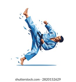 Low poly geometric illustration of a male martial artist in a blue judo gi and black belt performing a dynamic high kick and throw maneuver isolated on a white background.