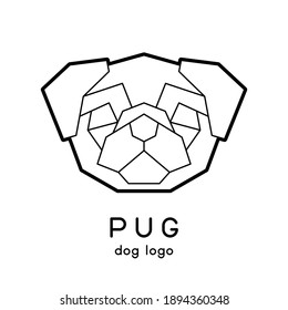 Low poly geometric logo with pug head. Modern polygonal dog breed logo. Trendy minimalistic pet face logotype. Can be used for brand design, wall art print, tattoo, poster, card, apparel print.