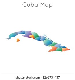 Low poly, geometric map of Cuba in a mosaic style.