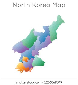 Low poly, geometric map of North Korea in a mosaic style.