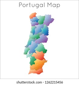 Low poly, geometric map of Portugal in a mosaic style, highlighting the country's outline.