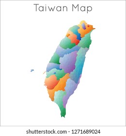Low poly, geometric map of Taiwan in a mosaic style.