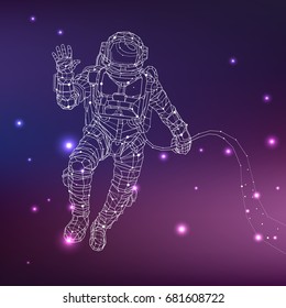 Low poly geometric triangular wire graphic construction structure. Outline illustration of an astronaut in outer space. Connection linear shapes with dots.