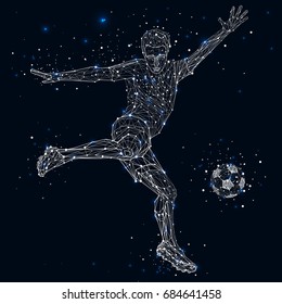 Low poly geometric triangular wire graphic construction structure. Outline illustration of a footballer. Soccer, football, sport. Connection linear shapes with dots.