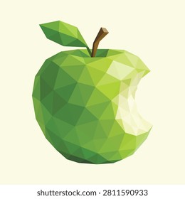 Low poly geometric vector illustration of a green apple with a bite taken out of the right side and a small leaf on top, isolated on white background.