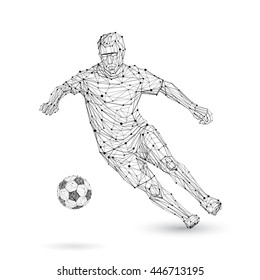 Low poly geometric wire frame polygonal vector football player. Linear construction, design of football player silhouette arranged network structure lines and dots illustration