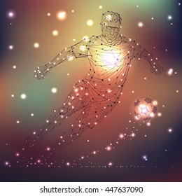 Low poly geometric wire polygonal vector football player on cosmic glowing background. Linear construction, design of football player silhouette arranged network structure lines and dots illustration.
