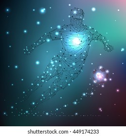 Low poly geometric wire polygonal vector football player on cosmic glowing background. Linear construction, design of football player silhouette arranged network structure lines and dots illustration.
