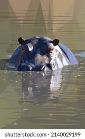Low poly, geometrical, illustration of an African Hippopotamus submerged in water.